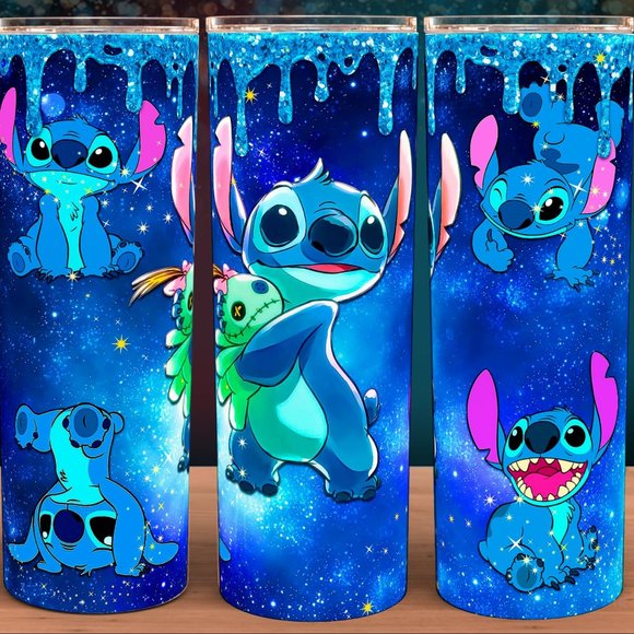 Dining Stitch Blue Drip Coffee Cup Mug Tumbler 2oz With Lid And Straw